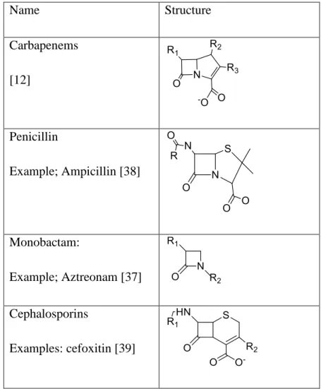 Table 1. 1: An example of the core structures of antibiotics, which inhibit bacterial cell wall      