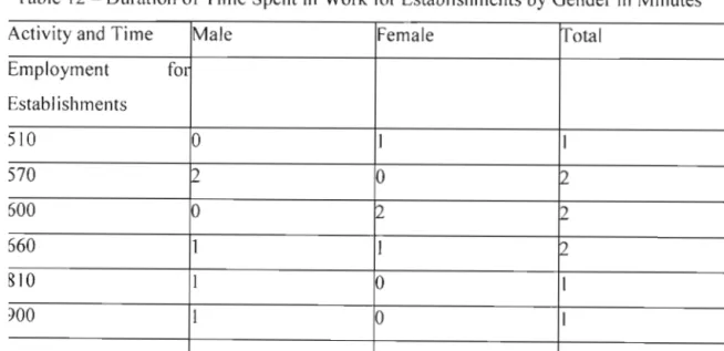 Table 12 - Duration of Time Spent in Work for Establishments by Gender in Minutes