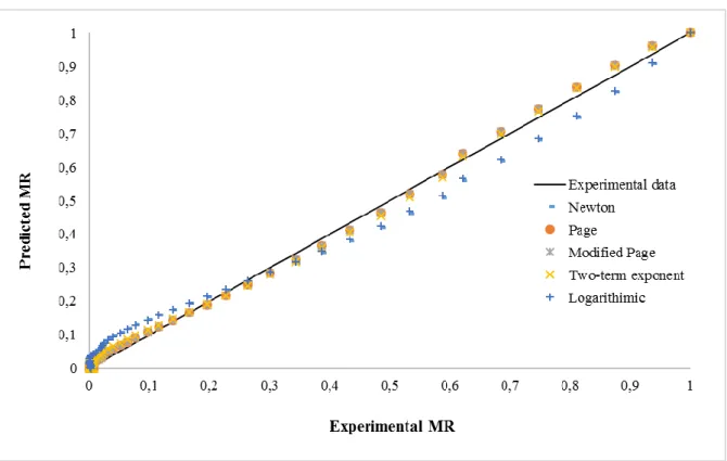 Figure  4-21:  Graph  predicting  the  Moisture  Ratio  versus  experimental  Moisture  Ratio  for  different kinetic empirical models 