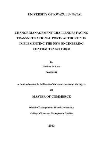 Change Management Challenges Facing Transnet National Ports Authority 