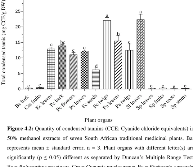 Figure 4.2: Quantity of condensed tannins (CCE: Cyanide chloride equivalents) in  50%  methanol  extracts  of  seven  South  African  traditional  medicinal  plants