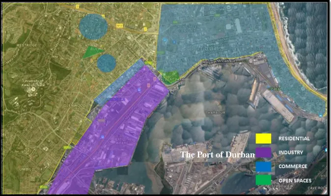 Figure 1.3: The Land Uses feeding off from the Durban Port. Image Source: (Google Maps, n.d)The Port of Durban 