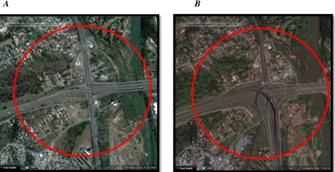 Figure 4.9: Changes over the N2 freeway leading to the North of Durban. A – 2005, B – 2016
