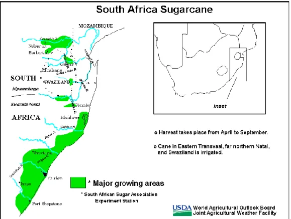 Figure 2.1: South African Sugar Cane Growing Areas  Source: USDA World Agricultural Outlook Board 