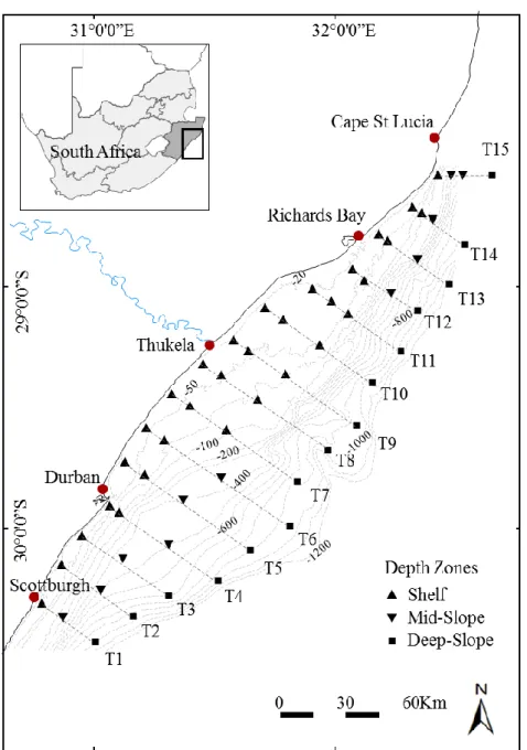 Figure 4. KwaZulu-Natal Bight (bathymetry indicated in m) and the localities of transects (T)  and stations sampled during Wet and Dry seasons, 2010