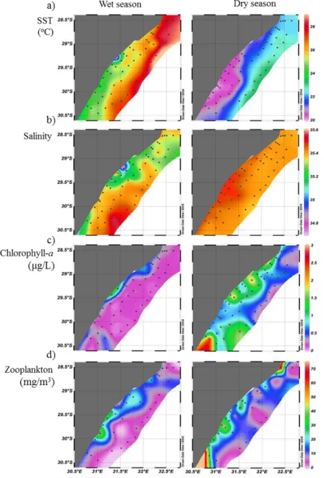 Figure  9.  Surface  environmental  variables  during  Wet  and  Dry  season  surveys  of  the  KwaZulu-Natal Bight, 2010
