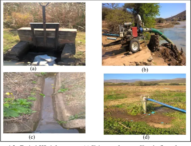 Figure 1.2   Typical SISs infrastructure: (a) Sluice gate for controlling the flow of water,  (b)  A  diesel  pump  abstracting  water  from  Thukela  river,  (c)  Concrete  lined  canal conveying water to plots and (d) A hydrant and a canvas hose 