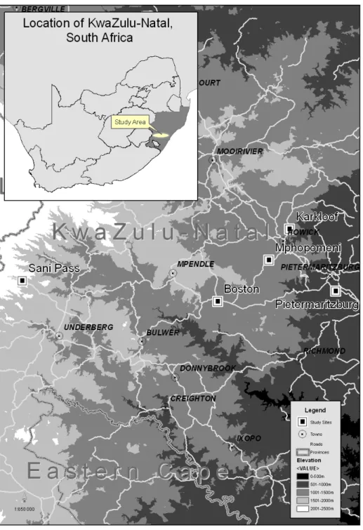 Fig. 1: Distribution of the 5 populations of Kniphofia linearifolia studied in KwaZulu-Natal