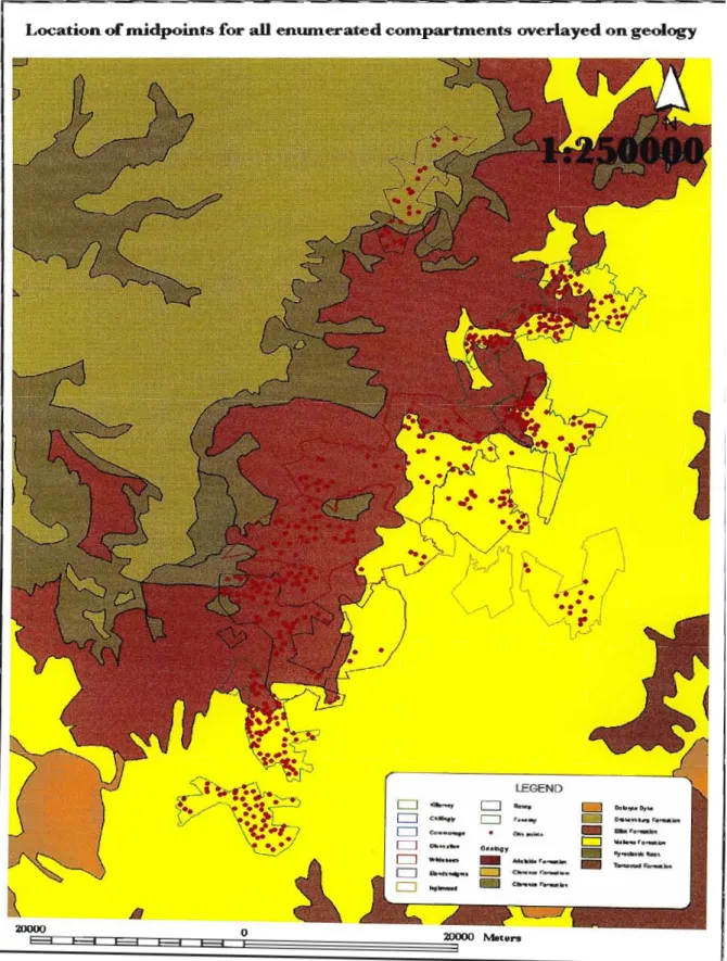 Figure 3. Location of midpoints for all enumerated compartments overlayed on geology.