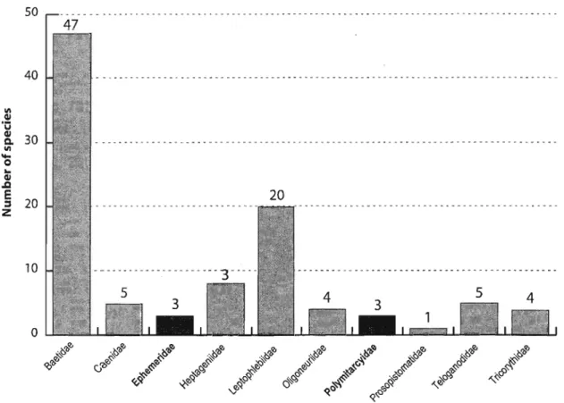 FIGURE 1: Chart outlining the number of species and their allocation to the different families in South Africa (arranged alphabetically, left to right)