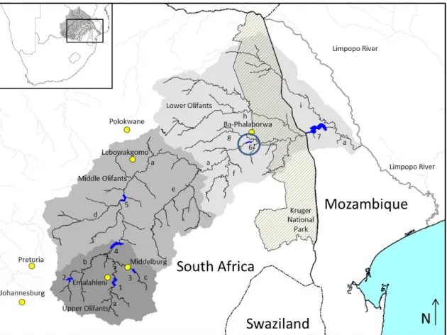 Figure  1.1:  Map  of  the  Olifants  River  system  showing  the  location  of  major  towns,  impoundments and tributaries
