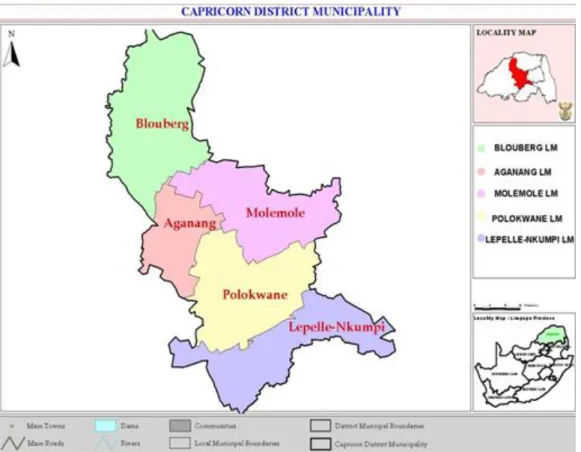 Figure  3.1.  Capricorn  District  municipality  map,  adapted  from  the  Limpopo  Province Freight Data Bank 