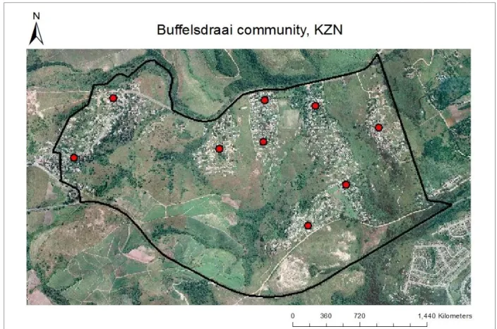 Figure 4.3: Sampling nodes within the Buffelsdraai community, KwaZulu-Natal (Source: 