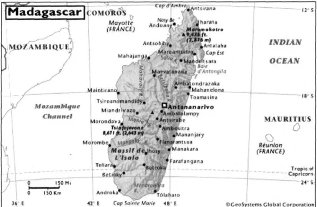 Figure 1: This map shows the border of Mozambique and the Madagascar Island,  surrounded by the Ocean Indian