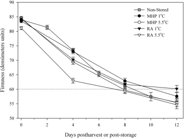 Figure 11: Loss of firmness of non-stored fruit and fruit stored in modified humidity packaging (MHP) or regular  atmosphere (RA) at 1°C or 5.5°C during ripening