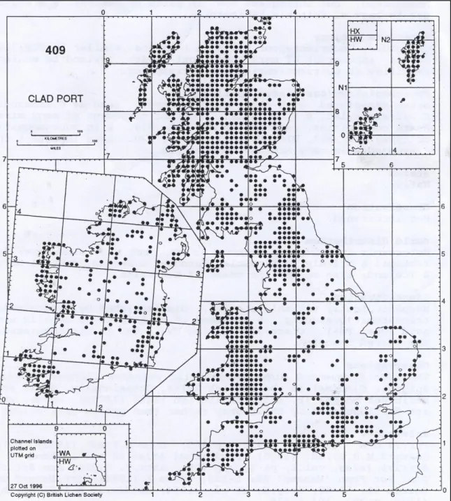 Figure 1.1: Map of distribution of Cladonia portentosa across the British Isle. 
