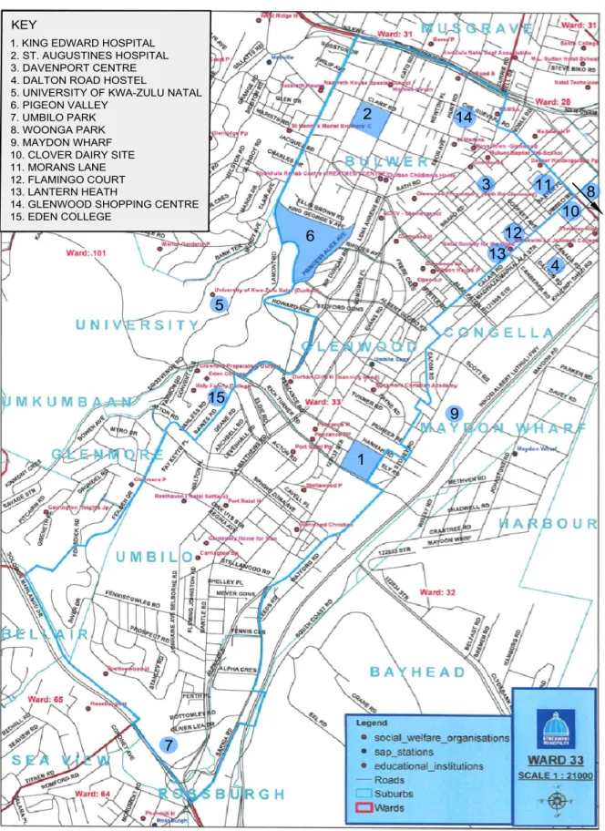 Figure 1: Map showing the Key locations within ward 33  Source: eThekwini Municipality, 2013 (adapted by author) 