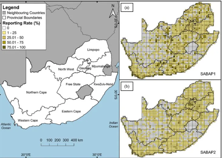 Figure 2.1: Provinces of South Africa. Reporting rate percentages for Spotted Thick-knees across  South Africa and Lesotho from (a) SABAP1 data recorded between 1987–1993; and (b) SABAP2  data recorded between 2007–2021 (18 January 2021)