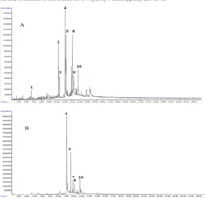 Figure 3.6. GC-MS Chromatograms of ethanolic extracts of fruit (A) and leaf (B) of A. melegueta 