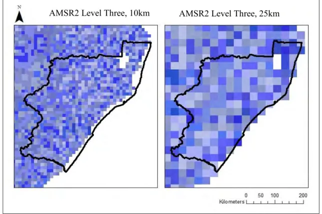 Figure 6.29  Comparison  of  spatial  resolution  of  AMSR2  10  km  and  25  km  Level  Three soil moisture products 