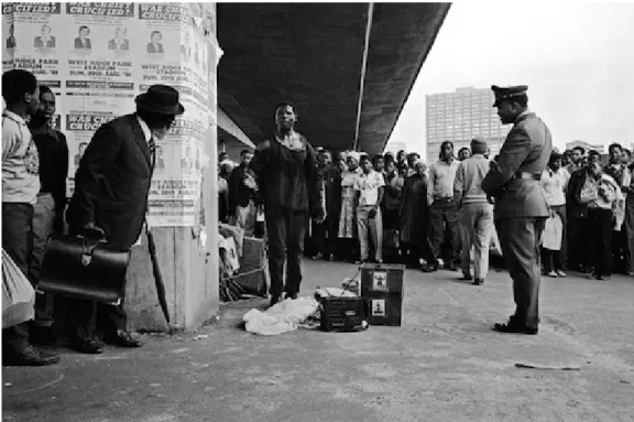 Figure 18 Punitive apartheid law enforcement on black urban citizens at Warwick Junction,  Durban