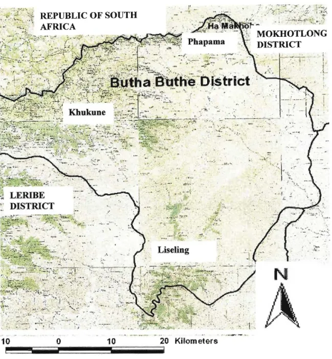 Figure 3.2 Map of Butha-Buthe district: Study area (Lesotho Bureau of Statistics and UNFPA2003)