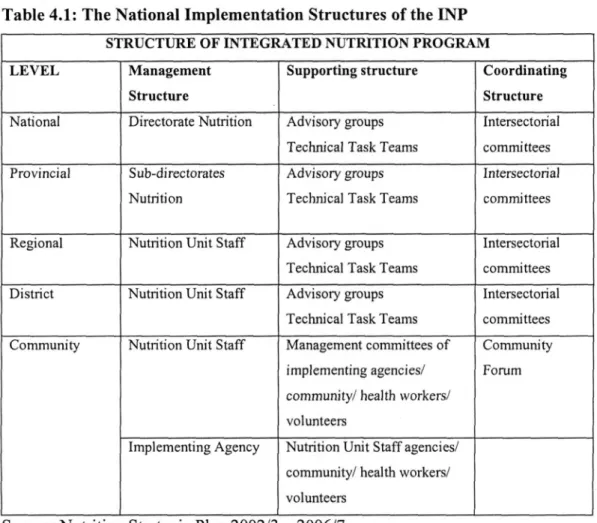 Table 4.1: The National Implementation Structures of the INP 