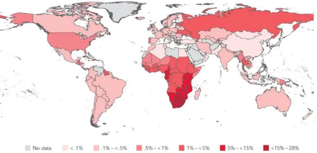 Figure  1.1  Global  HIV  prevalence  and  distribution.  Sub-Saharan  Africa  reports  the  highest  prevalence  of  infected  individuals