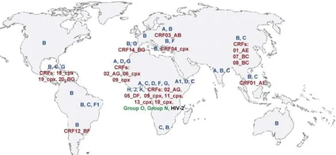 Figure  1.11  Geographical  distribution  of  HIV  subtypes. Most  strains,  subtypes  and  circulating  recombinant forms (CRF) are found in central Africa, the geographic origin of the disease