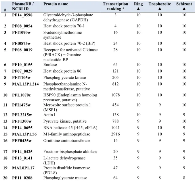 Table 3.2  Twenty most abundant proteins according to proteome data from Foth  et al ., (2011) 