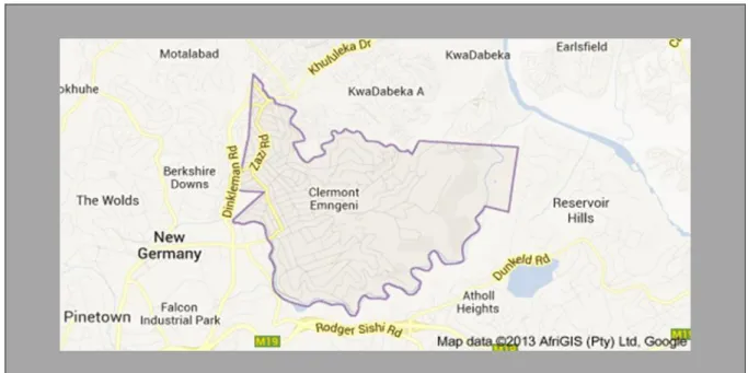 Figure 1:  Map showing Reservoir Hills, Clermont and KwaDabeka  (https:wwwgoogle.com/maps) 