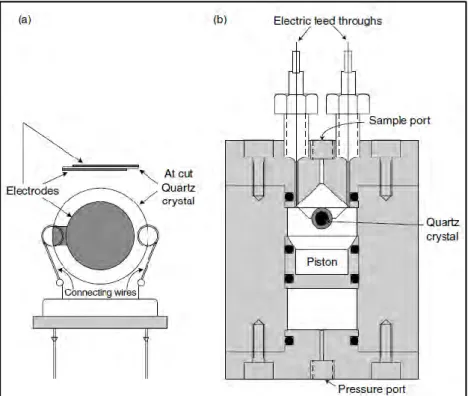 Figure   4-2 (a) Quartz crystal microbalance (QCM) apparatus. (b) QCM placed inside a high  pressure equilibrium cell (Sloan and Koh, 2008, Mohammadi et al., 2003)