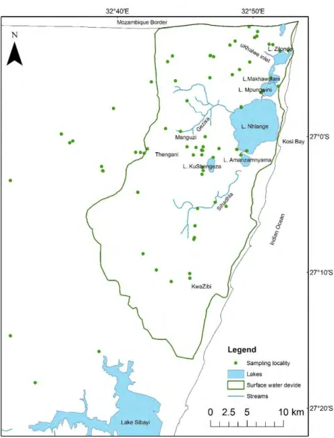 Figure 4.1: Location of groundwater and surface water sampling points within and around  the study catchment