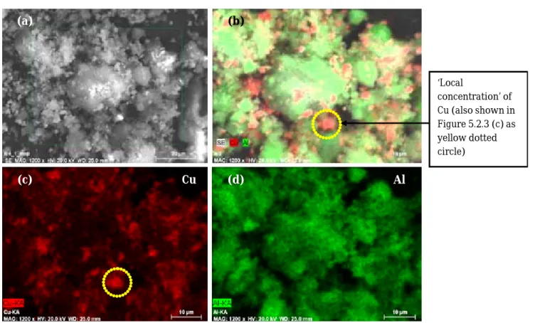 Figure 5.4:  (a) Secondary SEM image and (b) – (d) EDS composition map data for CuO/Al 2 O 3