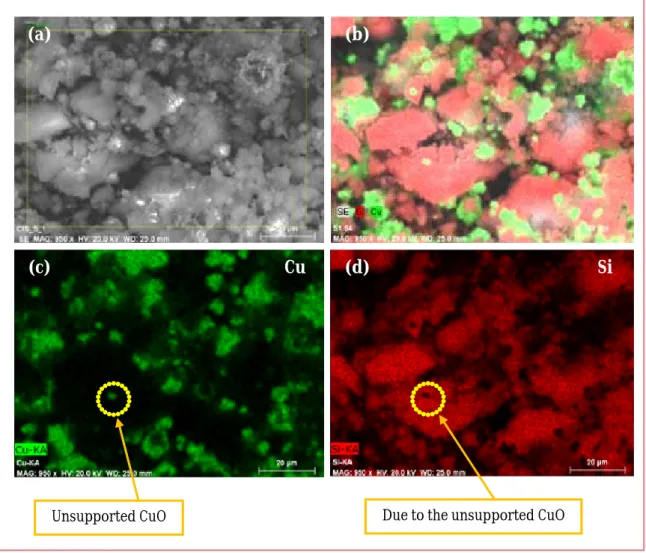 Figure 5.7:  (a) Secondary SEM image and (b) – (d) EDS composition map data for CuO/SiO 2