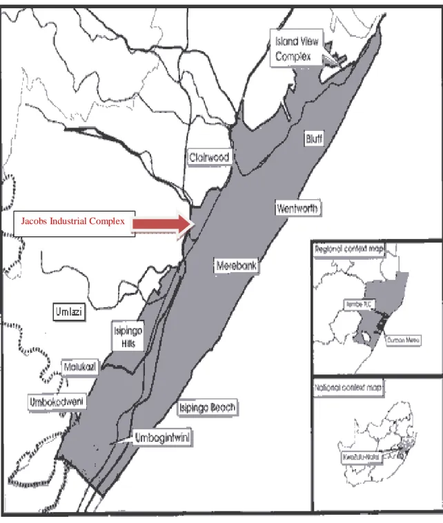 Figure 2.1:  Map showing South Durban Basin areas and highlighting the position of the JIC (SDCEA-DN,  2004) 