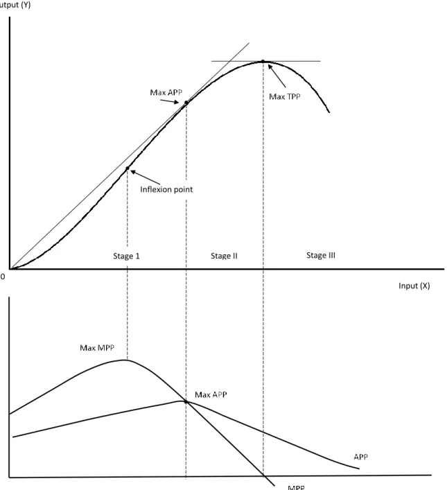 Figure 2.2: Neoclassical three-stage production function and marginal and average curves  Source: Own illustration adapted from Beattie &amp; Taylor (1985) and Debertin (1986)