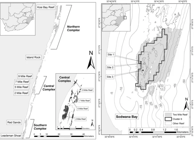 Figure 1: Seafloor map of the central reef complex at Sodwana Bay, South Africa, showing the study  sites on Two-mile Reef