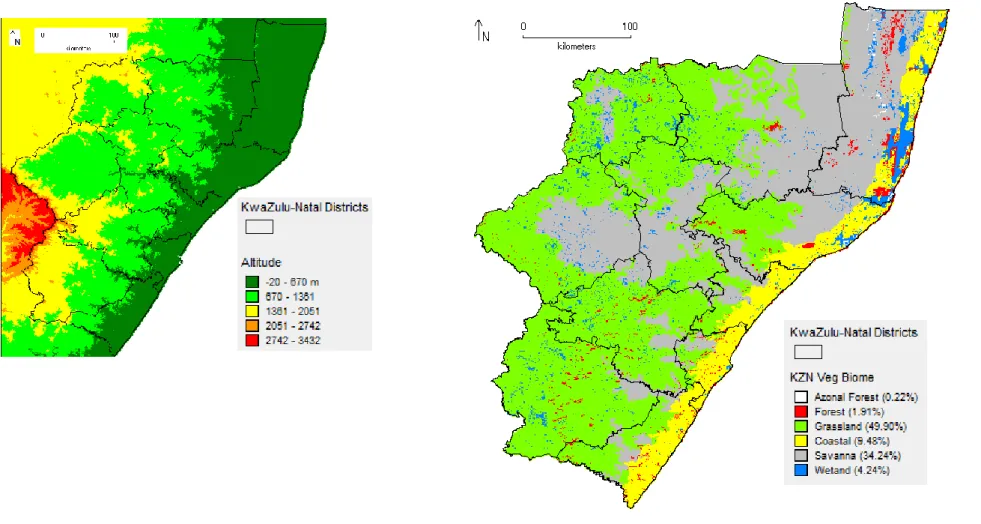 Figure 2.2.  Spatial distribution of a) altitude and b) KZN vegetation biome variables.