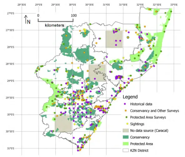 Figure  3.1. Map of surveys (including absence responses), historical data and sightings data  collected against the half-degree grid of KwaZulu-Natal
