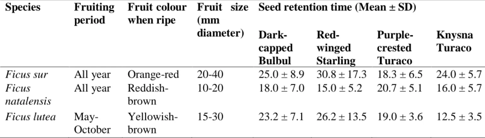 Table 3. 1 Characteristics of the three Ficus species used in the present study and seed retention  time (Mean ± SD) measured in minutes of the respective seeds ingested by the avian frugivore  species  