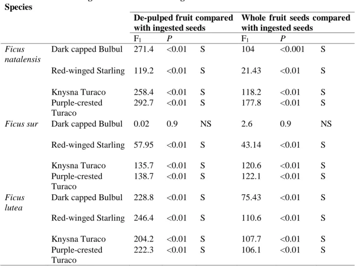 Table 3. 3 Differences between cumulative germination of avian ingested seeds compared with  de-pulped seeds and whole fruits respectively for the three  Ficus species (NS not significant; 