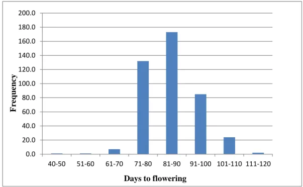Figure 2.4-2. Frequency of Days to flowering across four locations and   four accession groups