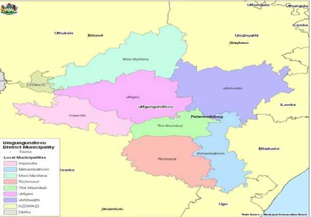 Figure 1: Map of Umgungundlovu Health District in 2006 District. 