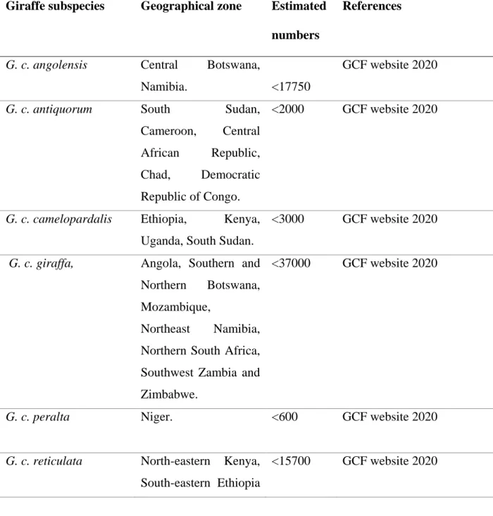 Table 1.1: Giraffe subspecies, their geographical home range and estimated numbers in Africa