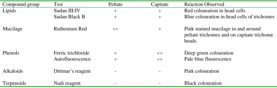 Table 1. Results of histochemical and fluorescence tests for the identification of compounds in the secretory product of C