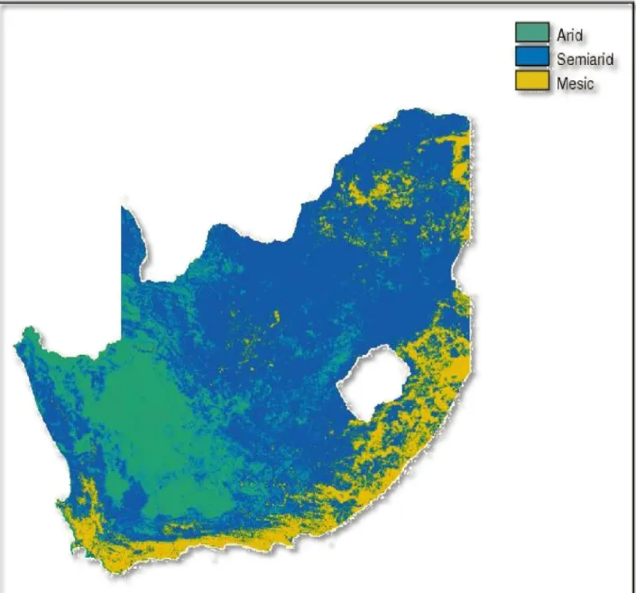 Figure 1.1: Map of South Africa showing the distribution of the arid, semi-arid  and mesic areas (ACOCKS, 1988)