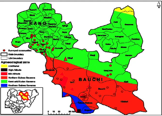 Figure 3.2: Map of the Bauchi and Kano states showing areas of study  Adopted from the IITA (2013) 