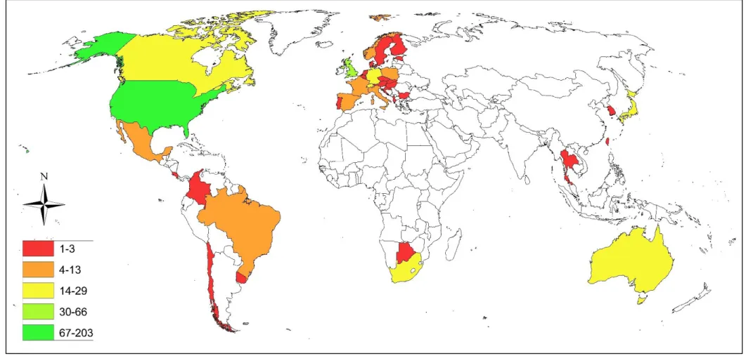Figure 2.3. The number of urban mammalian mesocarnivore studies for each country which have been published in peer-reviewed journal papers  from 1970 – 2020