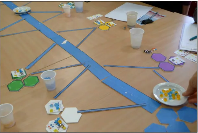 Figure 2.10 displays an example of an Ini-Wag being played, demonstrating the basic cards and tokens  provided for the generalised simulation model